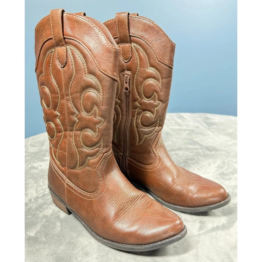 Cat Jack Girls Cowboy Boots 5 Brown Embroidered Western Zip Up